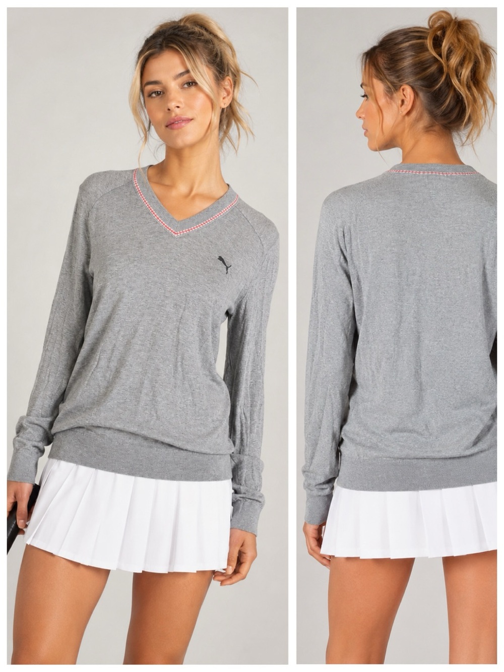Puma Grey Knit Cotton & Cashmere V-Neck Pullover Golf Sweater, sz. S